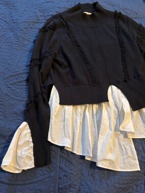 Black Knit Layered Ruffle Hem Sweater with White Poplin Trim